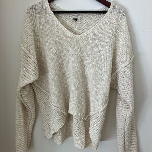 Oversized 100% Cotton Knit Cream V-Neck Sweater